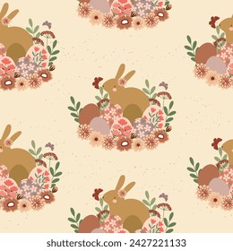 cute bunny in easter eggs and flowers bouquet hand drawn seamless pattern vector illustration for decoration invitation greeting birthday party celebration wedding card poster banner textile wallpaper