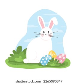 cute bunny and easter eggs in the garden -vector illustration