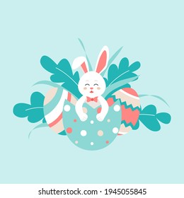 Cute bunny with Easter eggs. Happy Easter. Vector background with colorful easter egg and easter bunny. Illustration for holiday design, poster, prints, banner
