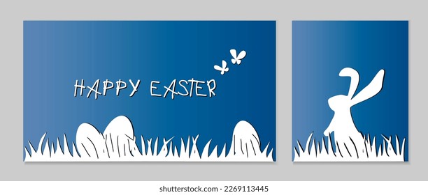 Cute Bunny Easter And Eggs Hidden In The Grass. Happy Easter Banner, Cartoon Illustration. Greeting card with rabbit and eggs in grass. Paper cut imitation. Holiday greeting.