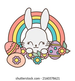 Cute bunny with easter eggs and rainbow. Cute little illustration of rabbit for kids, baby book, fairy tales, covers, baby shower invitation, textile t-shirt. Vector illustration of a cute animal.