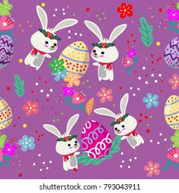 Cute Bunny and easter eggs seamless pattern with colorful flower on cools background for easter festival 
 Vector illustration 