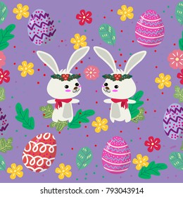 Cute Bunny and easter eggs seamless pattern with colorful flower on cools background for easter festival 
 Vector illustration 
