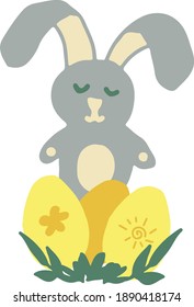 süße Hasen- und Ostereier in Trendfarbe 2021. Vektor handgezeichnet Doodle. Vorlagenkarte, Plakat, Aufkleber. Gold, Gelb, Grün, Grau. Kind
