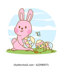 cute bunny with easter eggs vector cartoon