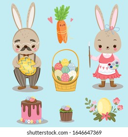 cute bunny and Easter Elements objects vector
