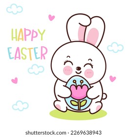 Cute bunny easter flower eggs. Series: Kawaii animals rabbit egg hunting (Character cartoon). Spring activities holiday. Perfect make a wish for baby t shirt fairy tale book, celebration party.