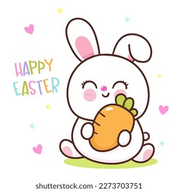 Cute bunny easter holding carrot. Series: Kawaii animals rabbit egg hunting (Character cartoon). Spring activities holiday. Perfect make a wish for baby t shirt fairy tale book, celebration party.