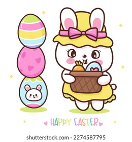 Cute bunny easter holding eggs and carrot basket. Series: Kawaii animals rabbit egg hunting (Character cartoon). Spring activities holiday. Perfect make a wish for baby t shirt fairy tale book.