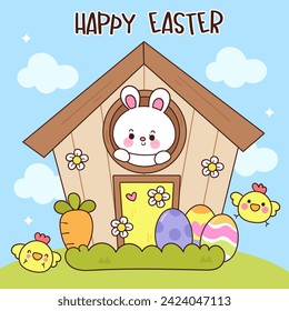 Cute bunny easter in house colorful pet. Series: Kawaii animals rabbit egg hunting (Character cartoon). Spring activities holiday. Perfect make a wish for baby t shirt fairy tale book, celebration.