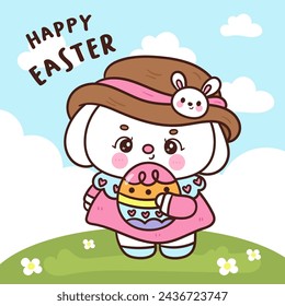 Cute bunny easter hug colorful egg. Series: Kawaii animals rabbit eggs hunting (Character cartoon). Spring activities holiday. Perfect make a wish for baby t shirt fairy tale book, celebration party.