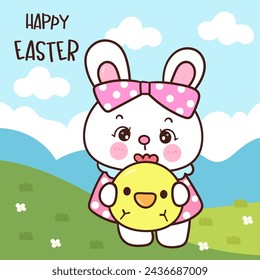 Cute bunny easter hug sweet chick in garden. Series: Kawaii animals rabbit egg hunting (Character cartoon). Spring activities holiday. Perfect make a wish for baby t shirt fairy tale book.