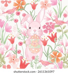 Cute bunny easter in pink orange flower forest seamless pattern