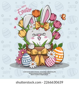 Cute Bunny Easter With Pot, Eggs And Tulips. Cartoon Illustration. Happy Easter