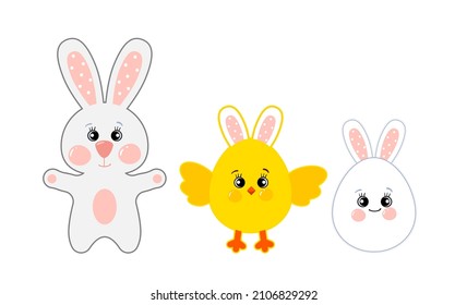 Cute bunny, Easter rabbit, chicken and chick egg. Fashionable children's vector. Easter illustration, invitation design.