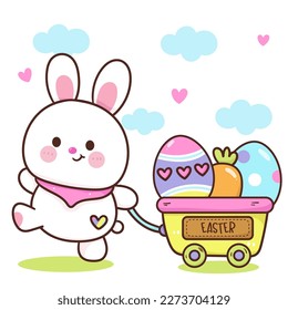 Cute bunny easter with tray carry carrot and eggs. Series: Kawaii animals rabbit egg hunting (Character cartoon). Spring activities holiday. Perfect make a wish for baby t shirt fairy tale book.