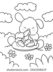 Cute bunny eating carrots. Coloring book for children