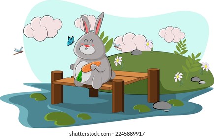 Cute bunny eating carrots near the lake in nice weather