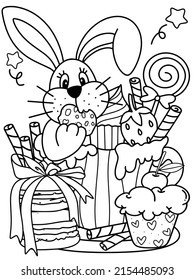 Cute Bunny eating cookie, Cartoon outline for kids coloring book