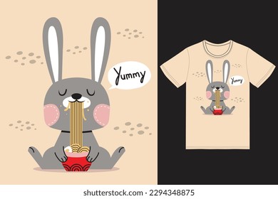Cute bunny eating ramen illustration with tshirt design premium vector the Concept of Isolated Technology. Flat Cartoon Style Suitable for Landing Web Pages,T shirt, Flyers, Stickers