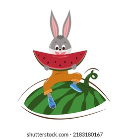 Cute bunny eating watermelon sitting on watermelon. For T-shirts, backgrounds, flyers, banners, books, textiles, wallpaper.