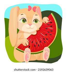 Cute Bunny is eating watermelon. Summer sweets. Cheerful rabbit. Vector illustration on a white background.