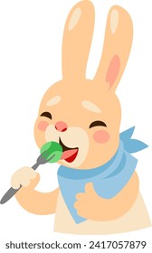 Cute bunny eats Brussels sprouts with a fork with great appetite