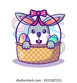 Cute Bunny and Egg in Basket to Easter Day Vector Icon Illustration in Flat Cartoon style for Web Landing Pages with Banner or Sticker and Background