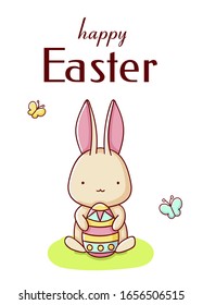 Cute bunny with egg cartoon kawaii happy easter flat hand drawn isolated on white background print