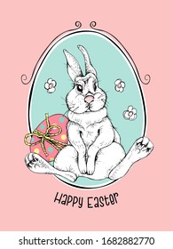 Cute Bunny with a egg in a frame. Funny Cartoon Character. Happy Easter - lettering quote. Holiday card, hand drawn style print. Vector illustration.