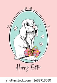 Cute Bunny with a egg in a frame. Funny Cartoon Character. Happy Easter - lettering quote. Holiday card, hand drawn style print. Vector illustration.