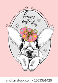 Cute Bunny with a egg in a frame. Funny Cartoon Character. Happy Easter day - lettering quote. Holiday card, hand drawn style print. Vector illustration.