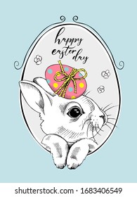 Cute Bunny with a egg in a frame. Funny Cartoon Character. Happy Easter day - lettering quote. Holiday card, hand drawn style print. Vector illustration.