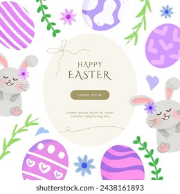 Lindo conejito y huevo dibujado a mano ilustración para la tarjeta de felicitación del día de Pascua