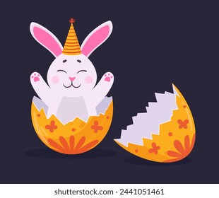 Cute bunny in egg shell. Cartoon Easter rabbit peeking out of eggshell, traditional Easter hare flat vector illustration. Easter spring holiday little bunny