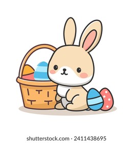 Cute bunny with eggs in basket, Easter Day Celebration. Poster or banner. Flat hand drawn vector illustration.