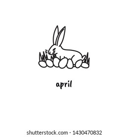 Cute bunny and eggs. Easter hand drawn doodle style illustration for holiday April page. Wall monthly calendar or desk calendar. Stock vector