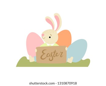 Cute Bunny with Eggs, Happy Easter, Design Element for Greeting Card, Invitation, Poster, Banner Vector Illustration