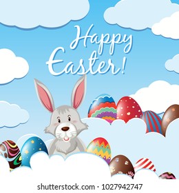 Conejito y huevos en las nubes para ilustración de Pascua