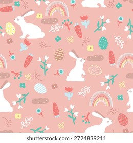 Netter Hase, Eier, Regenbogen und viele verschiedene Blumen auf rosafarbenem Hintergrund. Vektorgrafik zu Ostern.