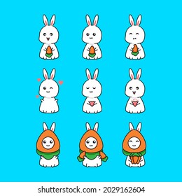 cute bunny emoji with carrot, vector illustration