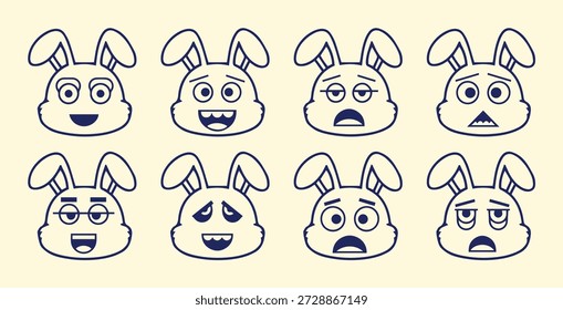 Conjunto de caras de emoji de conejo lindo - Ilustración vectorial de expresiones de conejo de dibujos animados | Paquete de emoticonos de conejo divertido - Ocho iconos de expresiones faciales de conejo de Pascua | Emojis