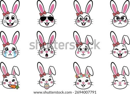 Cute Bunny Emoticon Face Vector Set Kawaii Rabbit Emoji Pack for Easter and Spring	