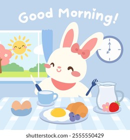 Cute bunny enjoying breakfast in a sunny morning scene. An adorable bunny illustration enjoying a delicious breakfast on a sunny morning, featuring kawaii art style and vibrant pastel colors.