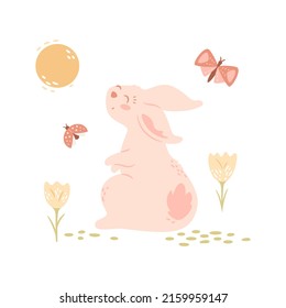 Cute bunny enjoys the sun and spring. Pretty cartoon rabbit walking in nature, butterfly, lady bug, flowers on grass, sun with textures rays. Vector illustration, kids story concept. Isolated animal