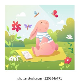 Cute Bunny enjoys the sun's rays while sitting on the lawn and reading a book. Summer character outdoors with butterflies. Seasonal vector illustration in cartoon style.