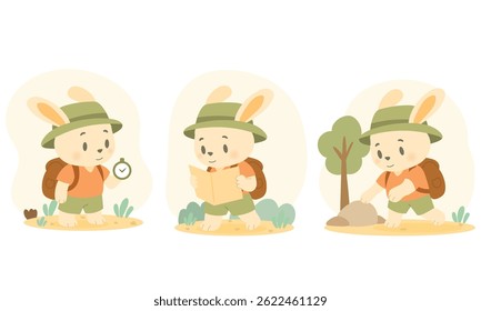 A cute bunny explorer with a backpack checks a compass, reads a map, and walks through nature. Perfect for children’s illustrations, adventure themes, and educational materials.