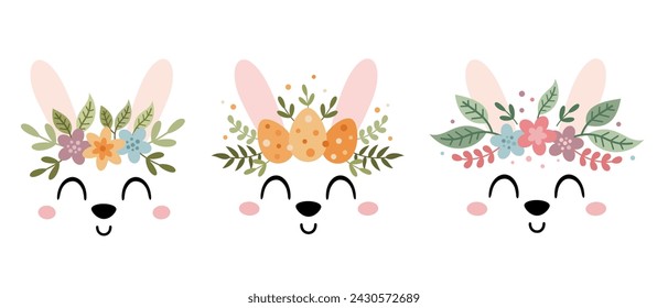 Cute bunny face clipart. Easter bunny clip art in cartoon flat style, perfect for scrapbooking, stickers, tags, greeting cards, invitations, decor. Hand drawn vector illustration.