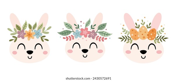 Cute bunny face clipart. Easter bunny clip art in cartoon flat style, perfect for scrapbooking, stickers, tags, greeting cards, invitations, decor. Hand drawn vector illustration.