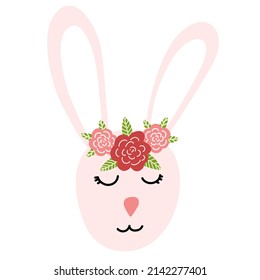 Cute bunny face with flowers in cartoon flat style isolated on white background. Easter rabbit character for print, kids design. Vector illustration of sweet animal snout